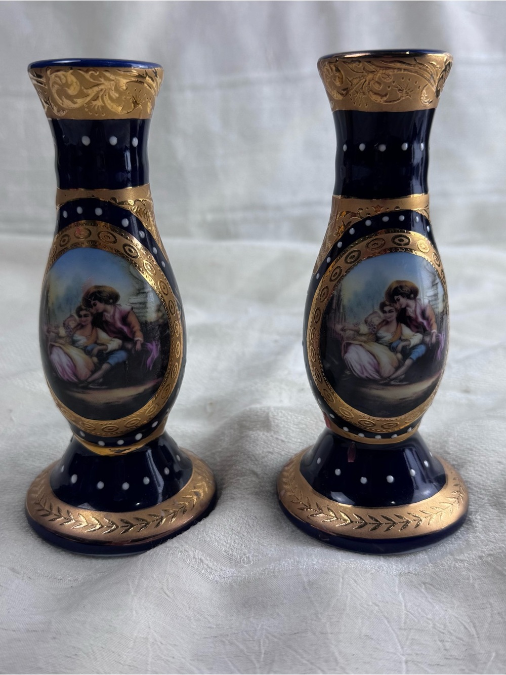 VTG Victorian Hollywood Regency Cobalt Blue Gold Courting Couple Candle Holders